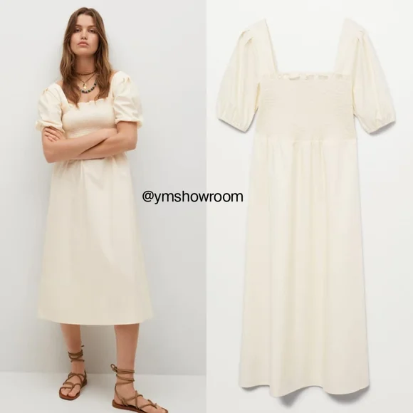 mango puffed sleeve cotton dress MANGO Puff sleeves midi dress